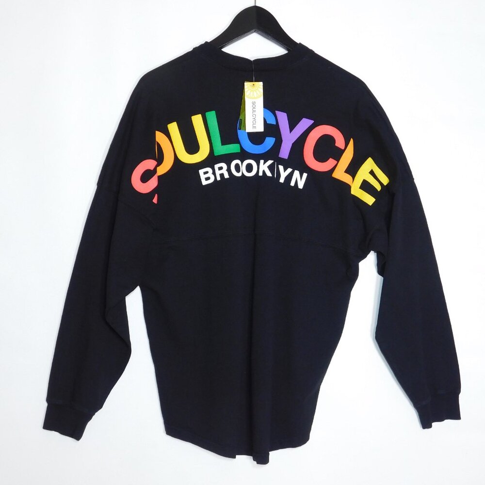 New NWT SOUL CYCLE Of BROOKLYN Long Sleeve Rainbow Logo Black Shirt Womens S